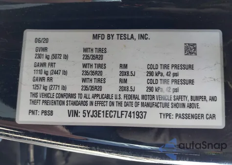 2020 Tesla Model 3 Performance Dual Motor All-Wheel Drive из США, поврежденный, VIN 5YJ3E1EC7LF741937